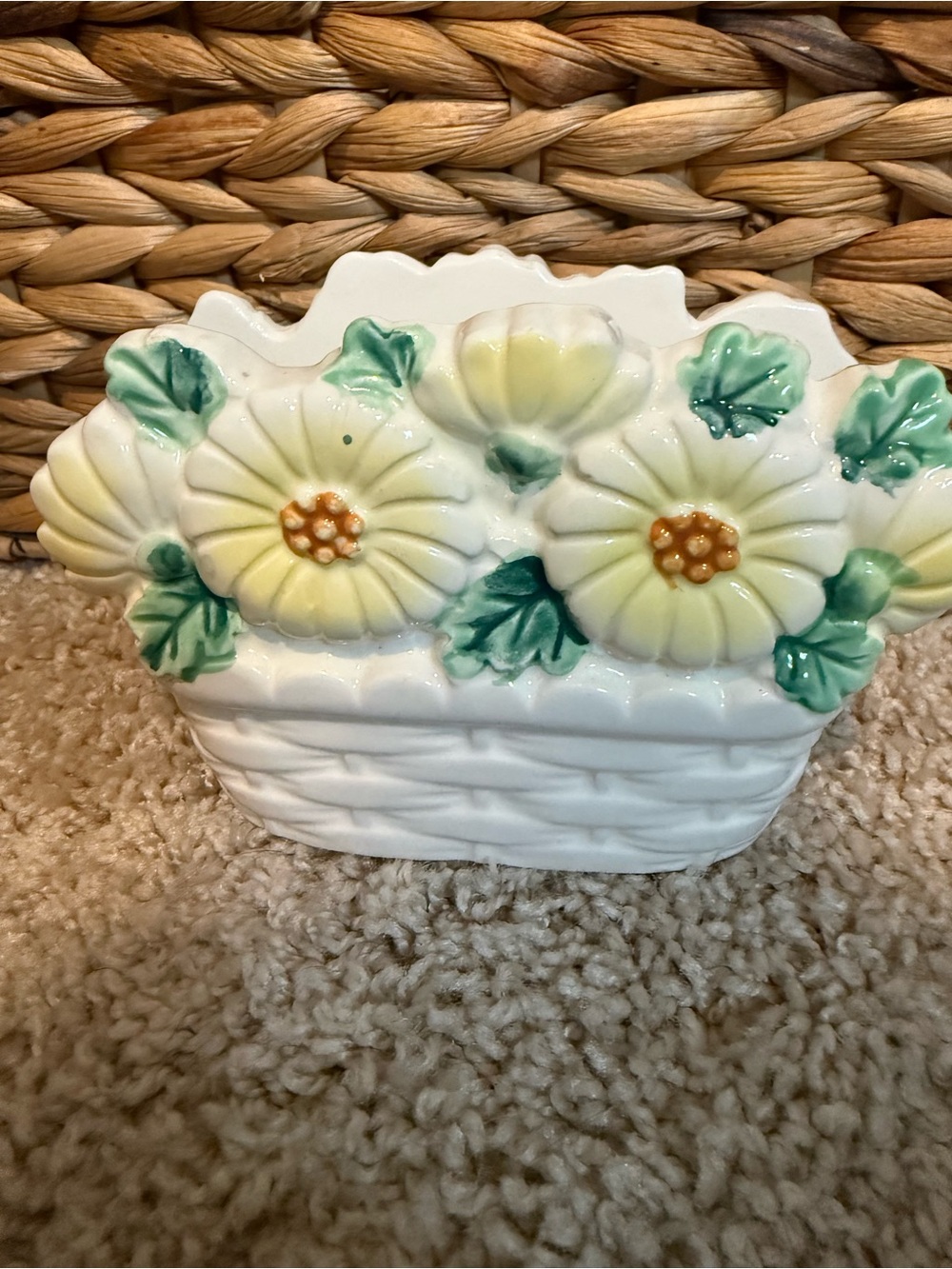 Vintage Ceramic Basket Planter with Yellow  daisies  Design Napkin Holder.